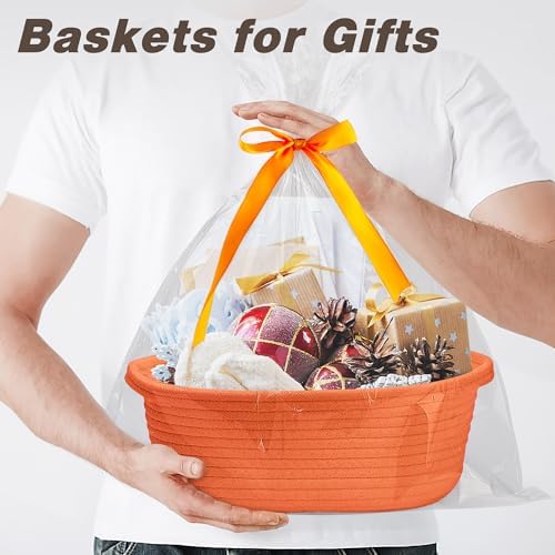 Pro Goleem Small Woven Basket with Gift Bags and Ribbons Durable Baskets for Gifts Empty Small Rope Basket for Storage 12"X 8" X 5" Baby Toy Basket with Handles, Orange - Image 2