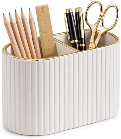 KINGFOM PU Leather Desk Organizer Pen Holder – Dual-Compartment Stylish Pencil Cup Remote Control Holder Desktop Supplies and Accessories Organizer Caddy for Office Home School (Light Beige) by KingfomLeatherHomeOfficeDecor