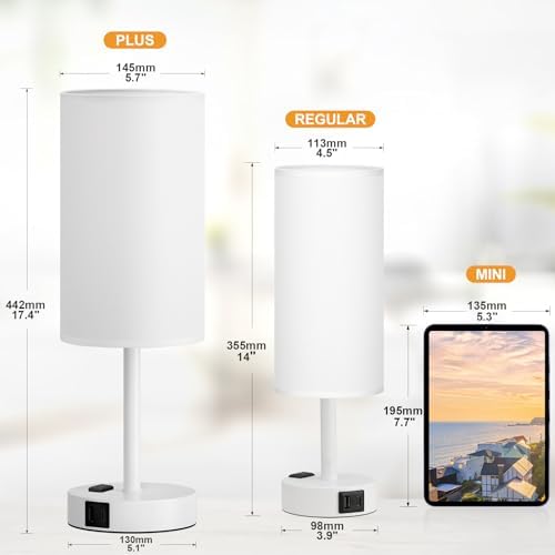 Fenmzee 17.4" White Lamp for Bedroom - Dimmable Touch, USB A+C, AC Outlet - Image 2