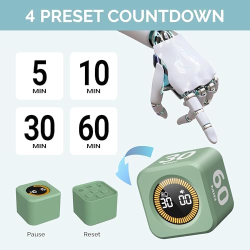 KADAMS Pomodoro Timer – Visual Cube with 5/10/30/60 Min Presets, LED Countdown Ring & Count Up Mode, Silent Flip Productivity Timer for Study, Classroom, Office, Cooking (Green 5-10-30-60 min) - Image 2