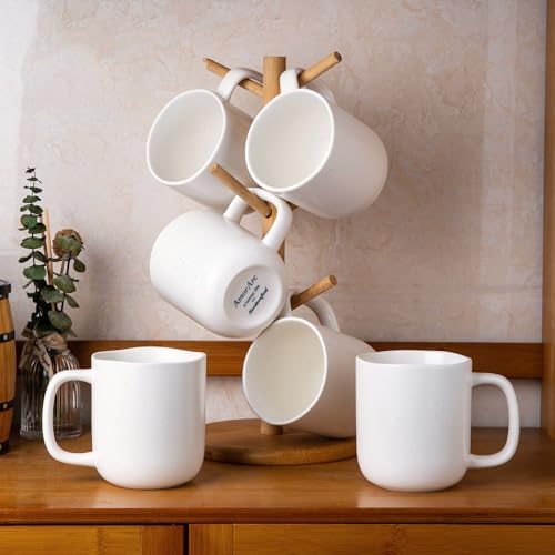 AmorArc 14oz Coffee Mugs Set of 6, Speckled Ceramic Coffee Mugs with Large Handle & Wavy Rim for Latte/Hot Cocoa/Tea, Coffee Cups for Men Women. Oven, Dishwasher&Microwave Safe, Speckled White by AmorArc