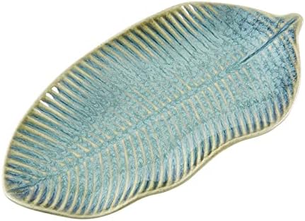 11" Green Ceramic Leaf Decorative Tray, Reactive Glaze Stoneware by VOMANA