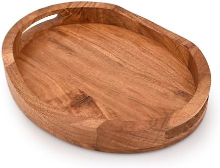 Tray Acacia Wood Oval Large Tray with Handle Food Serving Trays for Living Room Home Dining Table (14" X 11" X 2") - Image 3