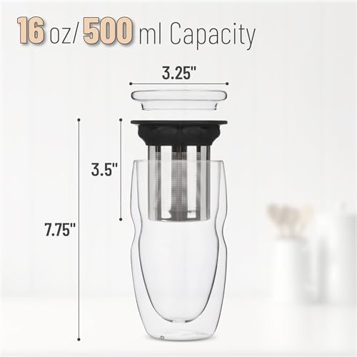 BTaT- Double Wall Glass Tea Cup With Stainless Steel Infuser and Lid, 16 oz, 2 Pack, Borosilicate Glass Tea Mug Infuser, Gifts for Tea Lovers - Image 3