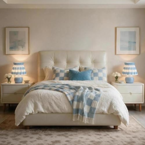 Ziqqeelam Blue White Plaid Small Bedside Table Lamp, Round Blue Base Nightstand Lamp, Cute Mini Table Lamp with Pleated Shade for Bedroom, Kitchen Counter, Bookshelf, Living Room, Kids Dorm - Image 7