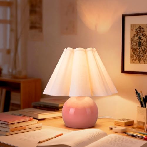 Pink Small Bedside Mini Table Lamp for Bedroom, Cute Bedroom Lamps for Nightstand, Cute Mini Table Lamps for Small Spaces with Scalloped Shade for Kitchen Counter, Bookshelf, Kids Dorm, Home Office - Image 5