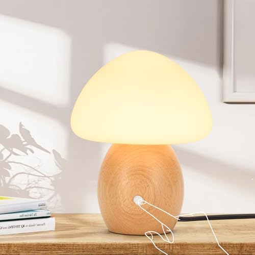 Mushroom Lamp with Touch Control Switch, Small Wooden Table Lamp with Glass Shade, 3 Way Dimmable Nightstand Lamp for Bedroom, G9 LED Bulb Included (Nature Wood&Opal White Glass Shade) by Unknown