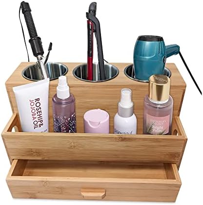 Harzen Brothers Hair Tool Organizer- Bamboo, Blow Dryer Holder, Bathroom Countertop, Vanity Caddy Storage Stand for Accessories, Makeup, Toiletries by HarzenBrothers