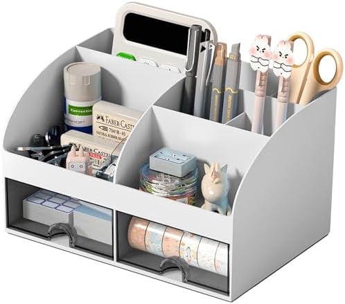 COMFYROOM Desk Organizer with 6 Compartments and 2 Drawers, Plastic Makeup Organizer, Pen Holder for Desktop Storage, Desk Organization for School, Home, Office Supplies (Grey) by COMFYROOM