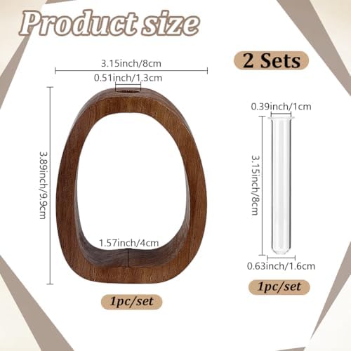 2 Sets Coconut Brown Wooden Frame and Glass Tube Vase for Hydroponic Plants Small Tabletop Propagation Vase with Test Tube for Home Office Desk Decor Modern Farmhouse Centerpiece - Image 2
