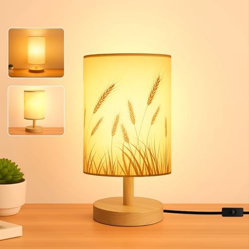 Desk Lamp LED Bulb Included, Small Bedside Table Lamp Plug-in - Classic Wood Base with Flaxen Fabric Shade, Lamps for Night Stands, Simple Nightstand Light for Bedroom, Office, Desk by Unknown