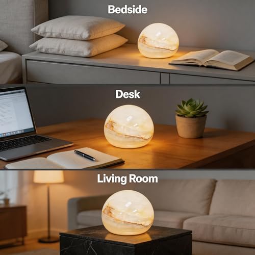 Natural Marble Lamp Cordless Touch Control Night Light 3-Way Dimmable Pat Light LED Ambient Glow Lamp Type-C Rechargeable Portable Stone Bedside Desk Lamp Zen Home Decor (4.33x4.33x3.15in) - Image 2