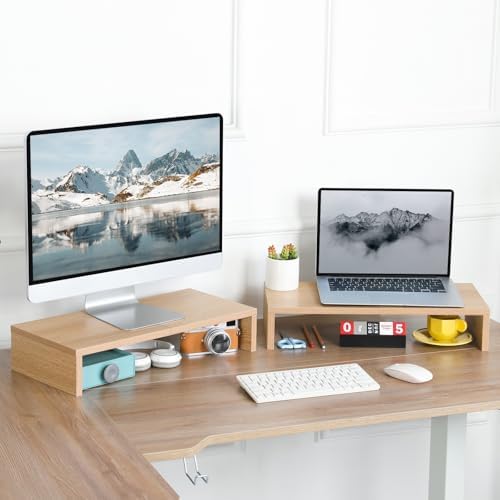 TEAMIX 2-Pack Monitor Stand Riser 20 inch, Wood Desk Computer Shelf, Maple - Image 2
