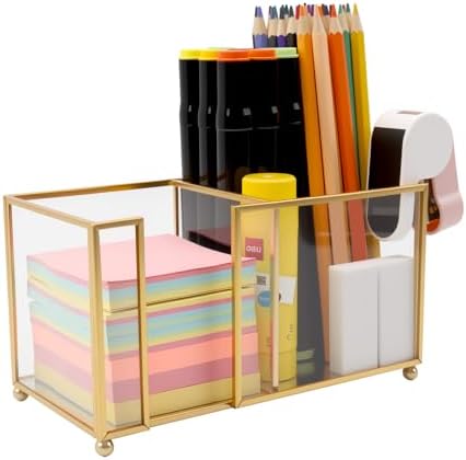 Glass Sticky Note Holder,2 Slots Post It Note Dispenser,Gold Desk Organizer for 3 x 3 Sticky Notes/Paper Clips/Book Clips,Stylish Post it Holder for Home Office Desk by Shonmogar
