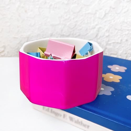 Ceramic Paper Clip Holder Gold Line Paper Clip Dispenser Organizer for Desk Cute Floral Pattern Office Binder Clip Holder Bobby Pin and Hair Clip Holder Gift for Office (Hot Pink) - Image 2