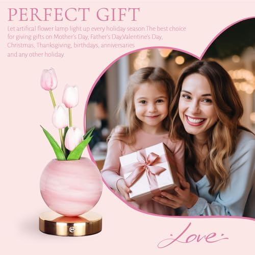 Tulip Table Lamp, Rechargeable Cordless Touch Dimming Artificial Tulip Flower Desk Lamp, LED Flower Bedside Night Light Romantic Gifts for Girl Women Mom (Pink) - Image 6