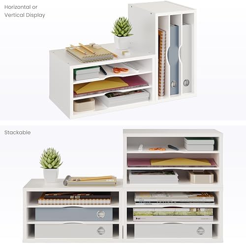 Ballucci File Organizer, 3-Tier Document Paper Sorter, Stackable Wood Desk Organizer, Mail Sorter and Monitor Stand with Storage Shelves, White - Image 5