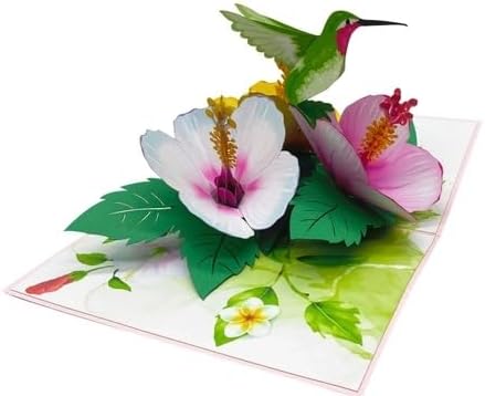 ETA 3D Hummingbird Pop-Up Card – Tropical Hibiscus Flower Greeting Card for Birthday, Mother's Day, Thank You, Summer, Nature Lover, F38