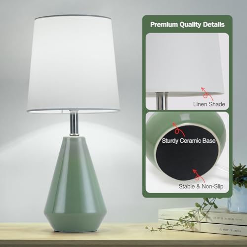 Small Bedside Table Lamp for Bedroom - Reading Desk Lamp with 3 Color Temperatures，15.5" Nightstand Ceramic Lamp with Fabric Shade for Kids Room,Living Room,Dorm,Home Office (Green+White) - Image 5