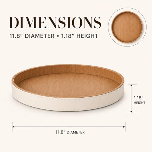 GORESE Round Coffee Table Tray, 12 in PU Leather Tray for Home Decor, Cream White & Wooden - Image 3