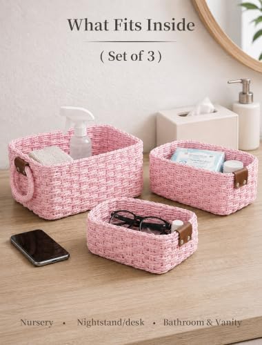 Small Wicker Baskets, 3 PCS Paper Rope Baskets for Shelves, Pink - Image 3