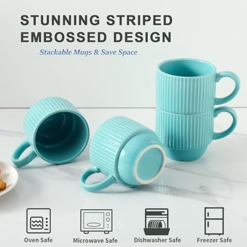 Hasense Coffee Mug 12 oz Set of 4 with Rack - Stackable Coffee Cups Ceramic, Modern Ribbed Latte Cup Sets for Cappuccino, Tea, Espresso, Hot Cocoa, Drinks - Dishwasher & Microwave Safe, Turquoise - Image 4