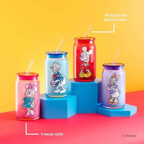 JoyJolt Disney Mickey Mouse and Friends Color Sketch Glass Tumblers with Lids and Straws, 16oz Glass Cups with Lids and Straws, Can Shaped Drinking Glasses Set of 4, Disney Gifts for Adults - Image 6