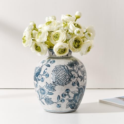 SIDUCAL Ceramic Chinoiserie Floral Vase | 6.3 Inch Blue and White Vintage | Retro Ice Cracked Blue and White Porcelain Vase for Table, Living Room, Bathroom Decoration, Shelf Decor, Mantel - Image 2