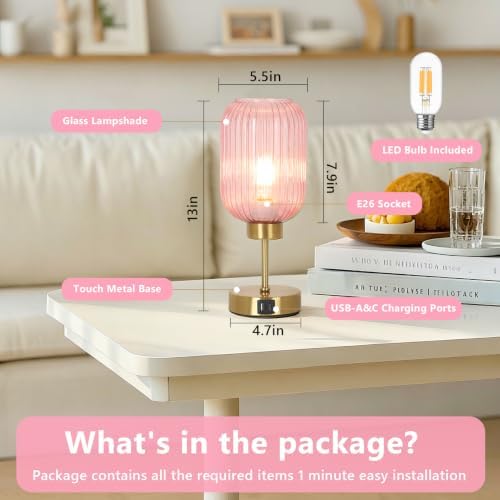 LAMSU Vintage Pink Table Lamp Touch Control, Small Glass Desk Lamp with Bulb, Charging Port, Mid Century Modern Bedside Lamp, 3 Way Dimmable Nightstand Lamp for Bedroom Living Room Home Decor - Image 5