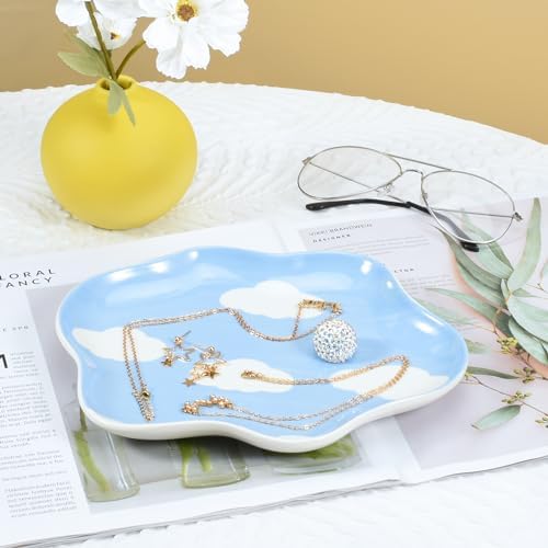Koythin Blue Sky White Cloud Ceramic Jewelry Tray, Earring Trinket Dish - Image 3