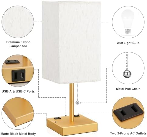 Gold Bedside Lamp for Bedroom - 3 Color Temperatures, USB A+C, 2 AC Outlets - Image 5