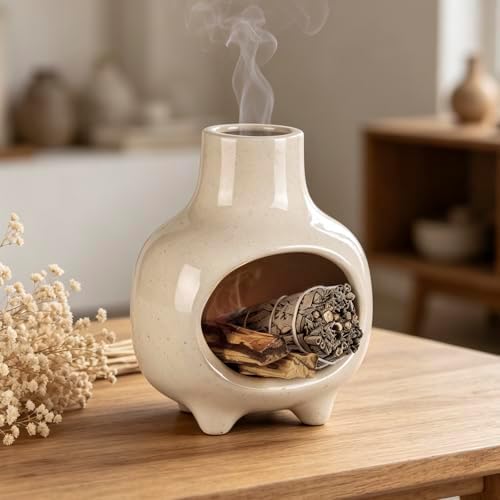 Ceramic Palo Santo Holder, Smudge Bowl Burner with Feet and Chimney Handcrafted, Ash Catcher for Sage, Incense Cones & Candles, Palo Santo Sticks, for Home, Meditation & Spiritual Ceremony (Beige) by Losneg