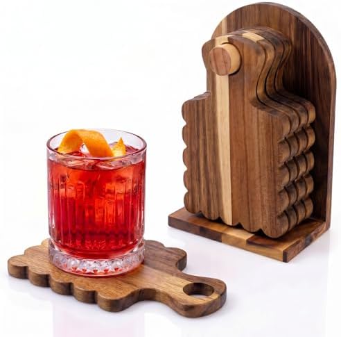 Scalloped Acacia Wood Coasters Set of 4 with Holder, Decorative Wooden Drink Coasters for Coffee Table, Farmhouse Cottagecore Kitchen Decor, Housewarming Gift by Unknown