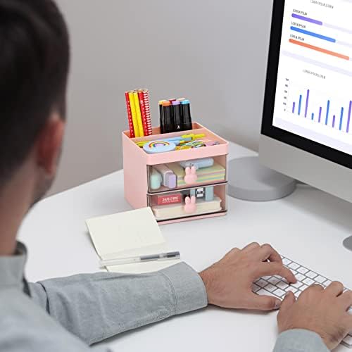 LETURE Small Desk Organizer With Drawer, Office Desktop Storage Box, Business Card/Pen/Pencil/Mobile Phone/Stationery Holder Storage Box, Makeup Organizer for Office School Home (Pink) - Image 3