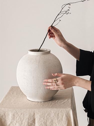 White Ceramic Vase - Large 10.8 Inch Round Floor Vase for Centerpieces, Farmhouse Flower Vases, Rustic Minimalist Home Decor (Sandstone White) - Image 4
