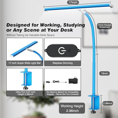 Airlonv LED Desk Lamp with Clamp, 17" Stepless Dimming Light, Blue - Image 3