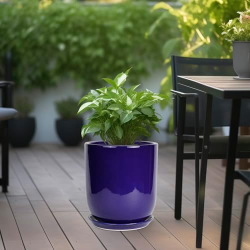 10 Inch Plant Pot - Ceramic Pot for Indoor Plants Large Planter Modern Outdoor Flower Pot with Drainage Hole and Saucer for Home Patio Decor Blue - Image 4