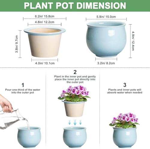 Ceramic African Violet Pots for Indoor Plants, 6 Inch Self Watering Planters with Absorbent Inner Pot, Self Watering Plant Pot, Ceramic Flower Pots, Desk Decor, Housewarming Gifts, Light Blue - Image 2