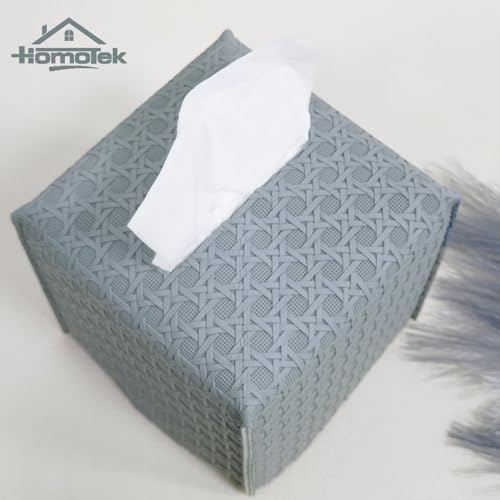 HOMOTEK 2 Pack Tissue Box Cover, Square PU Leather Tissue Holder, Decorative Facial Tissue Cube Paper Organizer Dispenser for Bathroom, Night Stands, Desk, Car 5X5X5'' - Rattan Weave, Light Gray - Image 2
