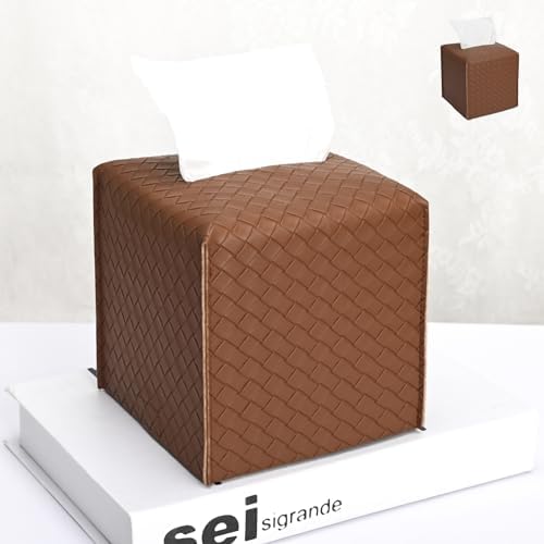 HOMOTEK 2 Pack Tissue Box Cover, Square PU Leather Tissue Holder, Decorative Facial Tissue Cube Paper Organizer Dispenser for Bathroom, Night Stands, Desk, Car 5X5X5'' - Woven Waffle,Chocolate by HOMOTEK