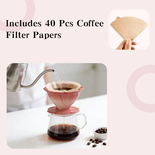 Premium Ceramic Pour Over Coffee Dripper，Includes 40pcs Coffee Filter Papers, suitable for home and travel, Flower Petal Dripper（Gradient Red） - Image 5