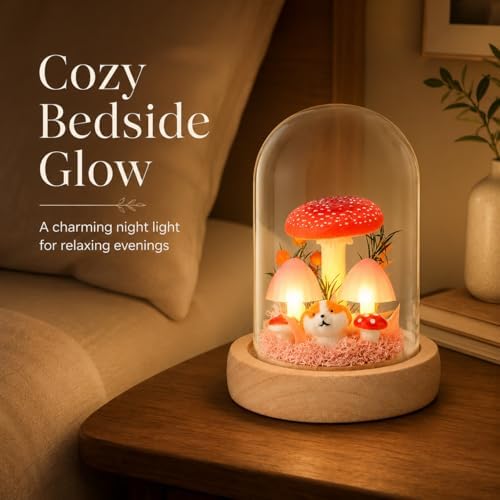 QUELIEN Mushroom Lamp in Glass Dome,Mushroom Gifts for Women - Warm White LED Night Light for Bedroom Decor,Birthday Party Decorations,Ideal Birthday Gift Valentines Gift - Image 5