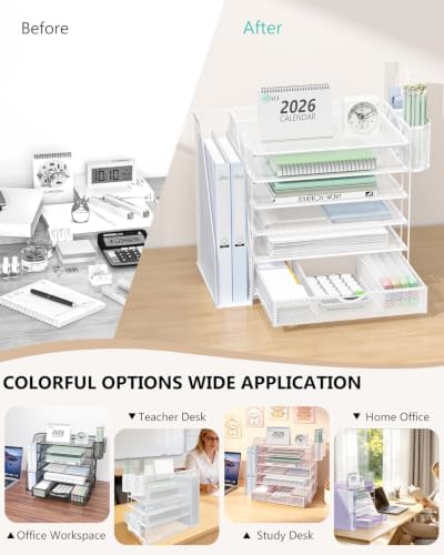 WALI Desk File Organizer, 6 Tier Desktop Paper Letter Tray Organizer with Drawer and 2 Pen Holders, Office Desk Accessories & Workspace Organizers for Office, Home Supplies(DO007DH-W), 1 Pack, White - Image 6