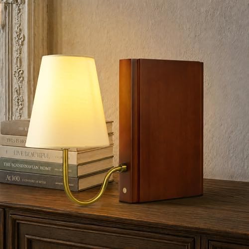 AELS Solid Wood Bookshelf Lamp with Bulb, Cordless Rechargeable Touch Dimmable Table Lamp with Linen Fabric Shade, Modern Decorative Bookend Lamp for Bedroom, Office & Bookshelf Decor, Dark Brown by AELS