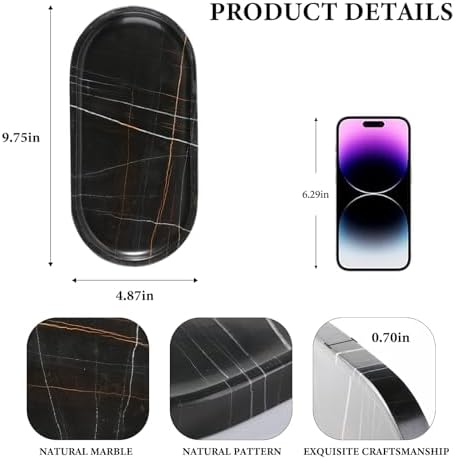 Koville Black Marble Vanity Tray for Bathroom Countertop, 10"x5" Natural Marble Catchall Tray Perfume Trays for Dresser, Stone Jewelry Dish Candle Holder for Home Decor, Stone Oval Trays - Image 2