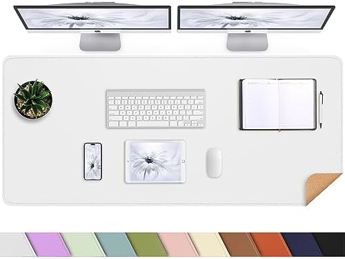 AFIING Leather Desk Pad Protector, Large Desk Mat with Natural Cork & PU Leather, Mouse Pad, Non-Slip, Waterproof Desk Writing Pad for Office and Home (White) by AFIING