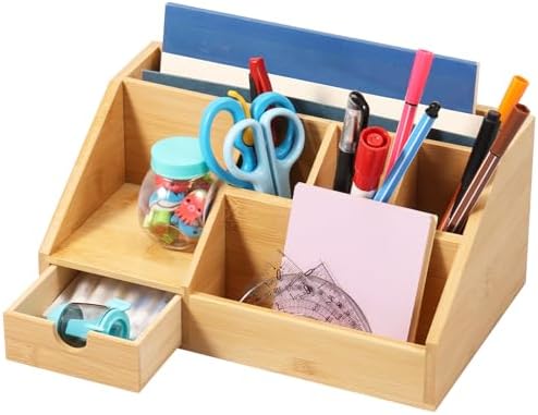 Bamboo Caddy Desk Organizer and Storage with Drawer and Compartment, Storage Shelf Rack Book Shelf for Home Office by LAINIUTE