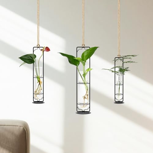 MIPON Metal Hanging Plant Propagation Station,3 Size Glass Test Tube Hydroponic Planter,Boho Wall Hanging Plant Cuttings Holder,Indoor Water Plant Terrarium Tubes for Home Office Window Decor-Black - Image 3