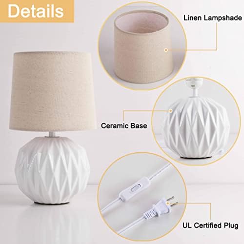White Ceramic Table Lamp, Geometric Textured Small Bedside Lamp with Linen Shade, Mid Century Modern Nightstand Lamp for Bedroom Living Room Reading Room, H 12" x W 6.7", 7W LED Bulb Included - Image 4