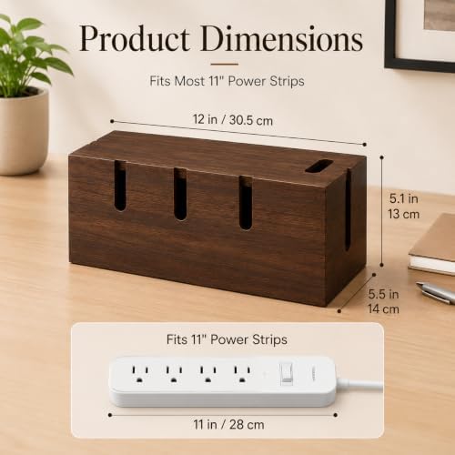 Large Wood Cable Management Box, Wooden Cord Hider Box for Power Strips, Walnut Finish Cable Organizer with 20 Reusable Ties for Desk, Floor & Home Office - Image 3